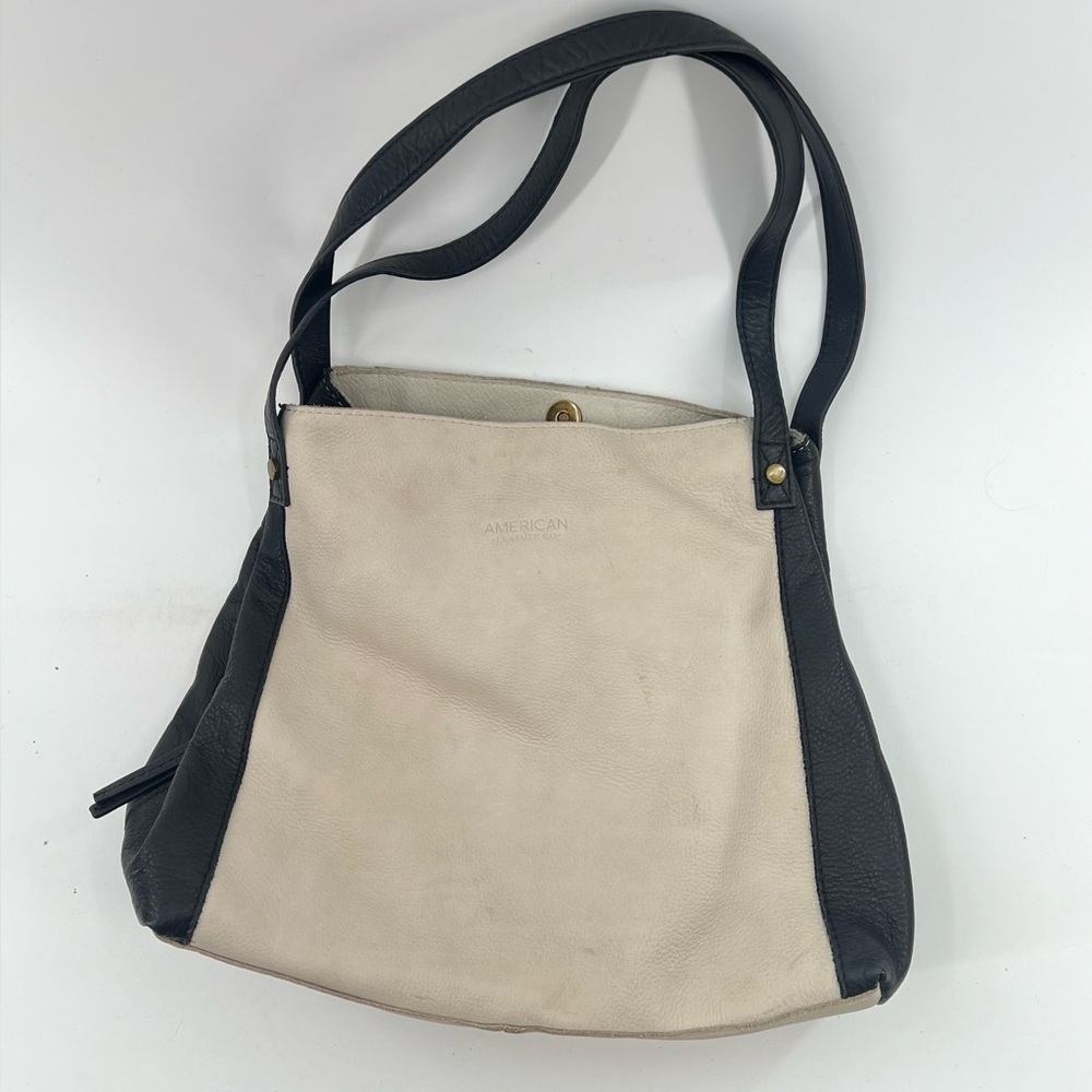 American Leather Co Two Tone White Black Triple Compartment Shoulder Satchel Bag